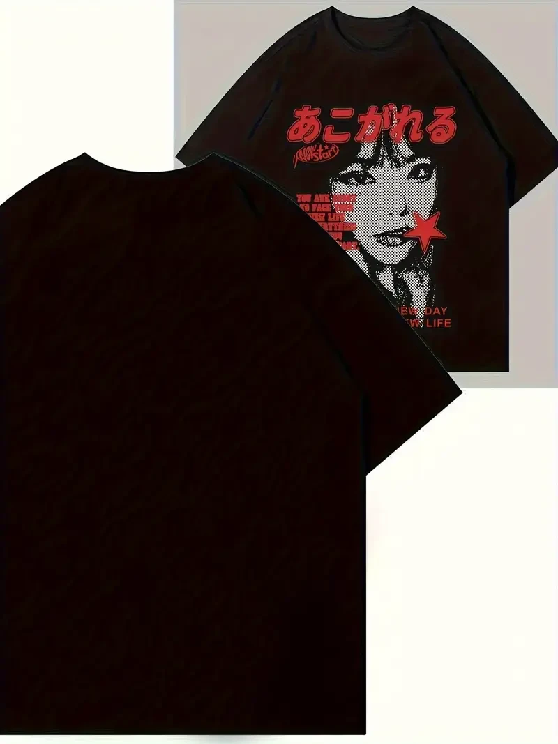 Y2K Oversized Graphic T-Shirt  Japanese Letter & Figure Print Crew Neck Tee for Women | Casual Streetwear for Summer & Spring