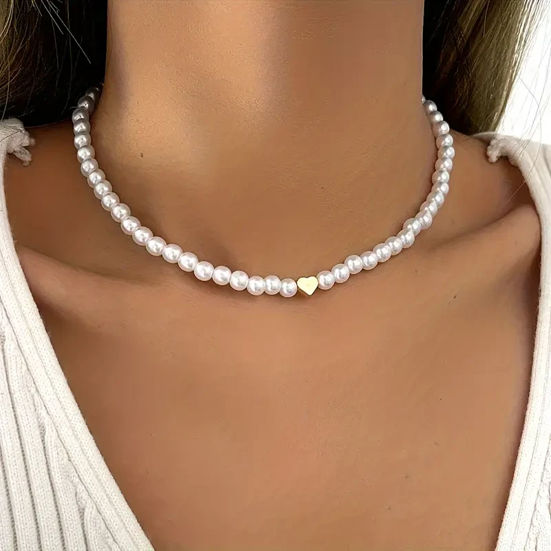 Elegant Imitation Pearl Choker Necklace with Gold Heart | Vintage-Inspired Everyday Jewelry Gift for Women
