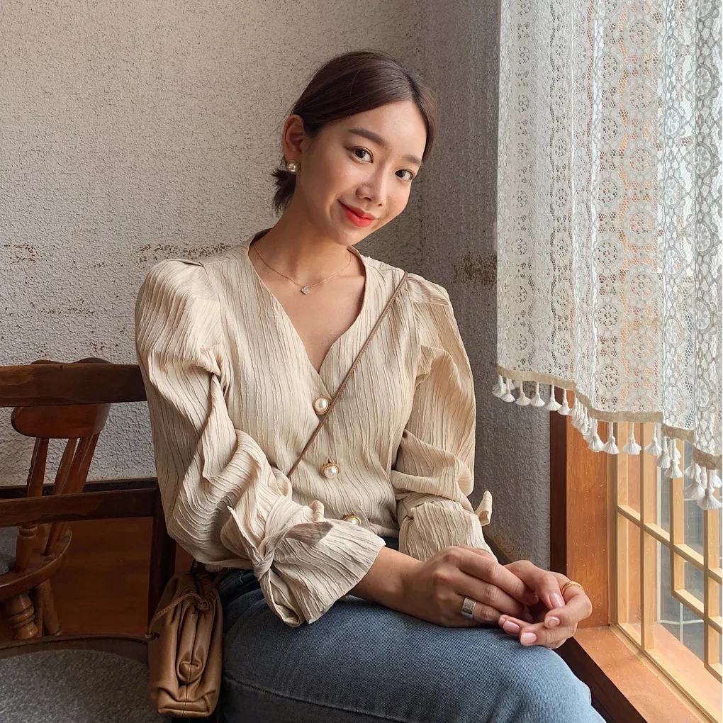 Alien Kitty Korean Retro Elegance Casual Sweet Solid Pearls Chic Fresh High Quality Loose Vintage All Match Women Shirts