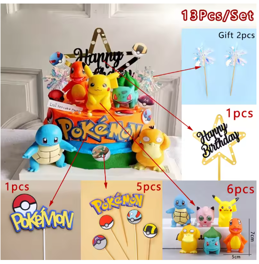 13Pcs/set Pokemon Cake Topper Anime Figure Pikachu Party Happy Birthday Pokemon Cake Decoration Supplies Ornaments Boy Kids Gift