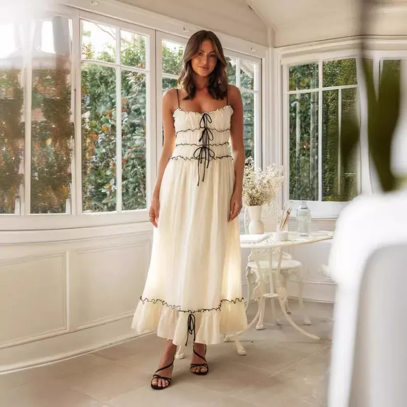 Summer Spaghetti Strap Bow Pleat Dress