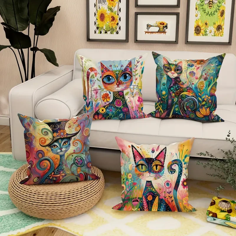 JIT 4-Pack Contemporary Throw Cushion Covers  Velvet Cat Floral Abstract Art