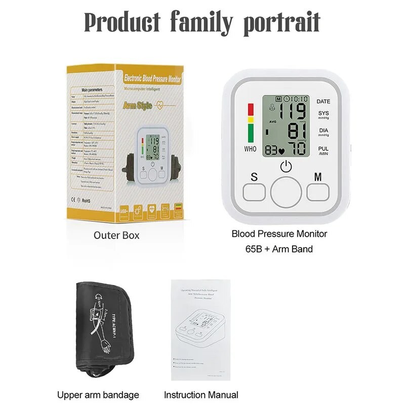 Medical Digital Arm Blood Pressure Monitor - Automatic Tensiometer & Heart Rate Pulse Meter