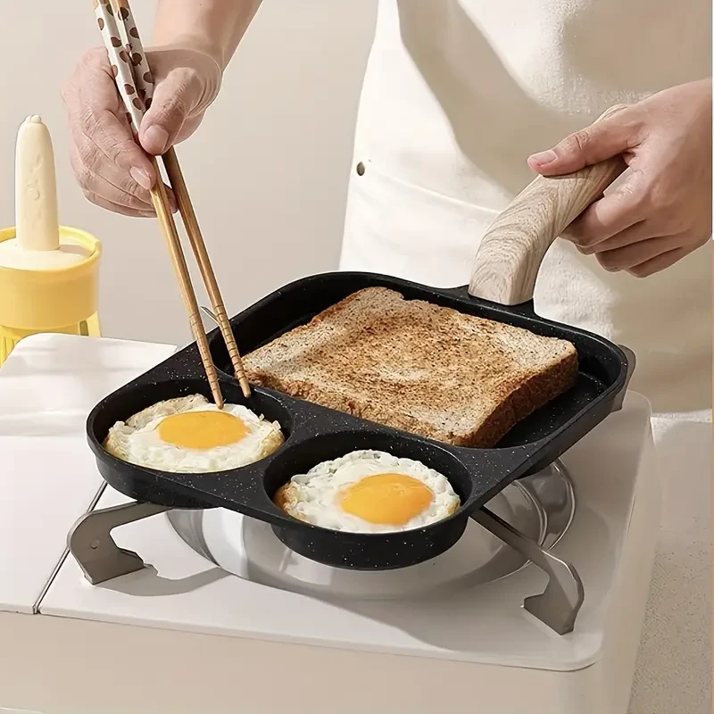 Versatile Non-Stick Aluminum Alloy Frying Pan, Dual Compartment for Eggs & Toast - Rust-Resistant with Wooden Handles, Perfect for Gas & Induction Cooking