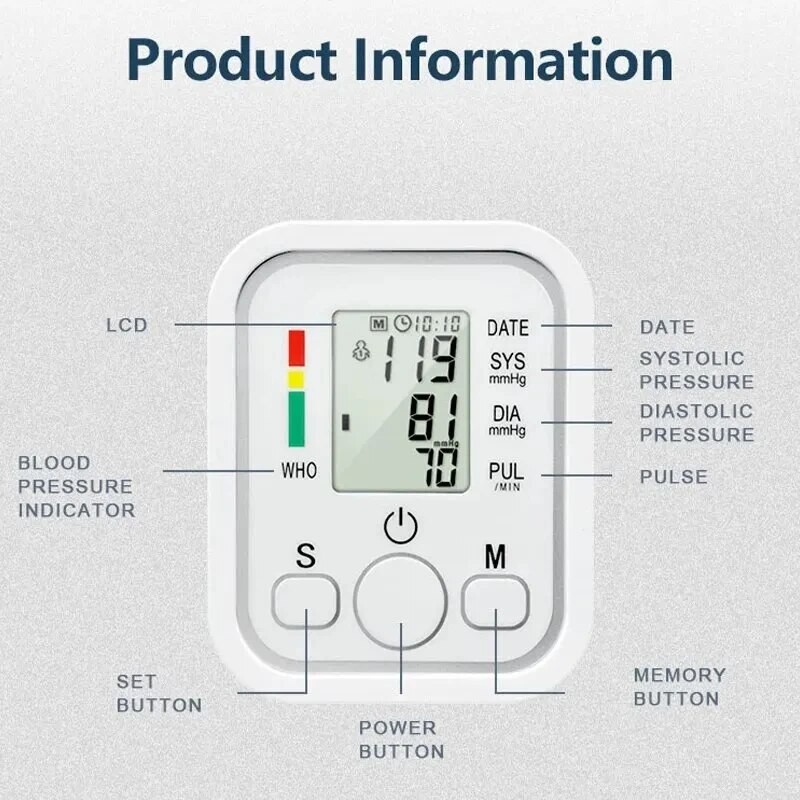 Medical Digital Arm Blood Pressure Monitor - Automatic Tensiometer & Heart Rate Pulse Meter