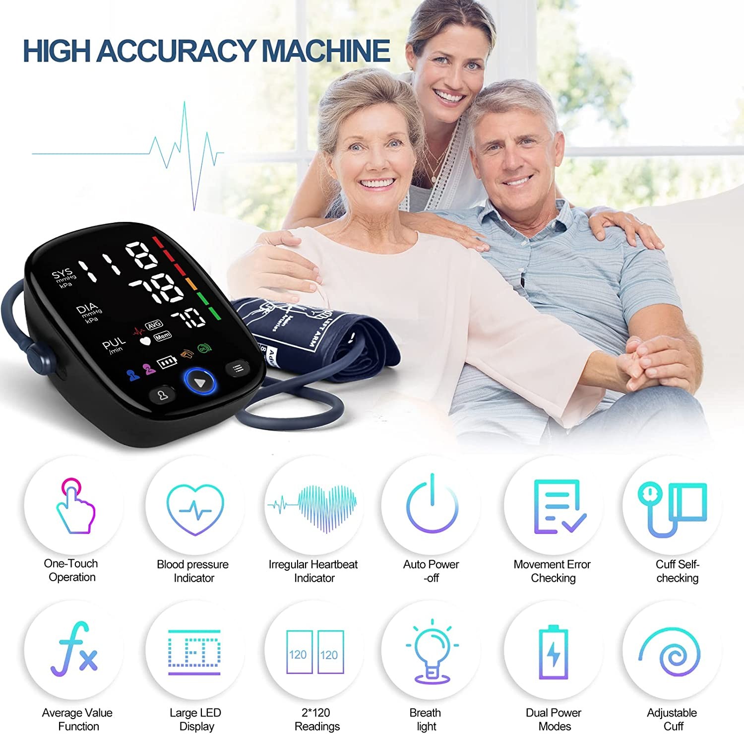 Kingclinic Blood Pressure Monitor - Upper Arm Automatic BP Cuff Machine with LED Display