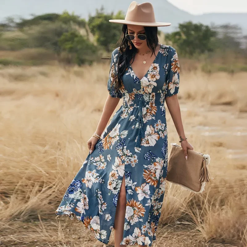 Floral V-Neck Elastic Waist Summer Beach Dress