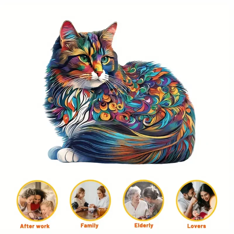 Colorful Cat Wooden Puzzle  Unique Shaped Jigsaw for Creative Minds