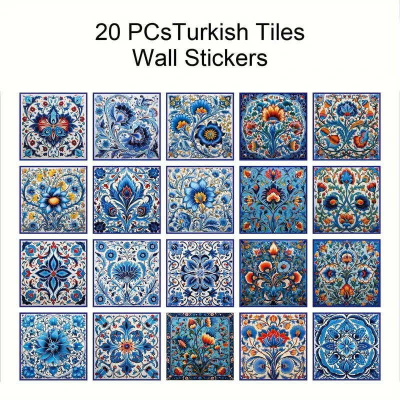 20pcs Elegant Blue & White Turkish Tile Stickers Ocean-Inspired Design for Kitchens & Bathrooms
