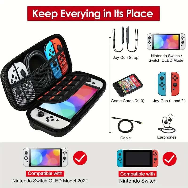 iVoler PU Leather Carrying Case for Nintendo Switch & OLED Model - Protective Travel Case with Game Storage, Anti-Drop, Dust-Proof, Splash-Resistant, with Cable & Earphone Organizer