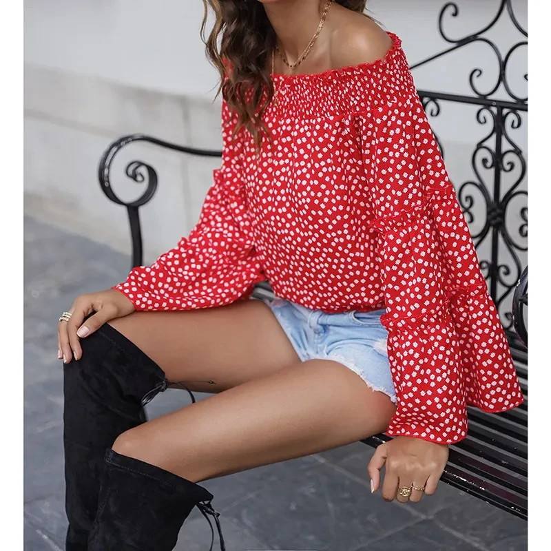 Women's One-Word Collar Off-Shoulder Small Shirt With Flared Sleeves Long Sleeve