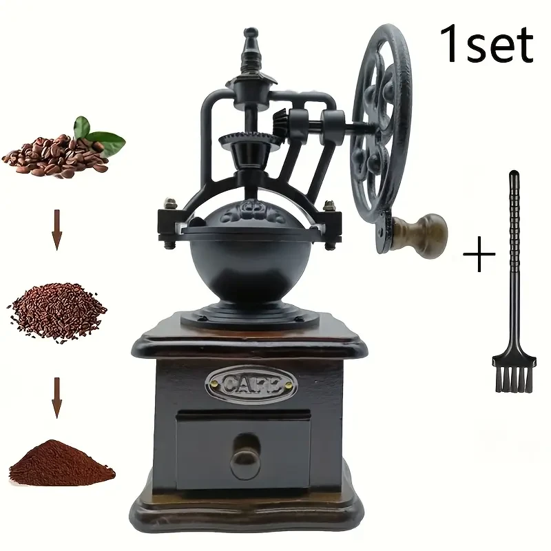 1pc Retro Wooden Hand Crank Coffee Grinder Set with Cleaning Brush