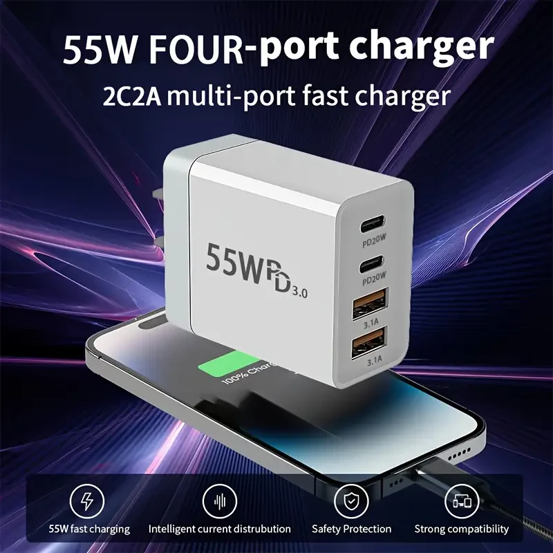 55W 4-Port Fast Charging GaN Power Adapter