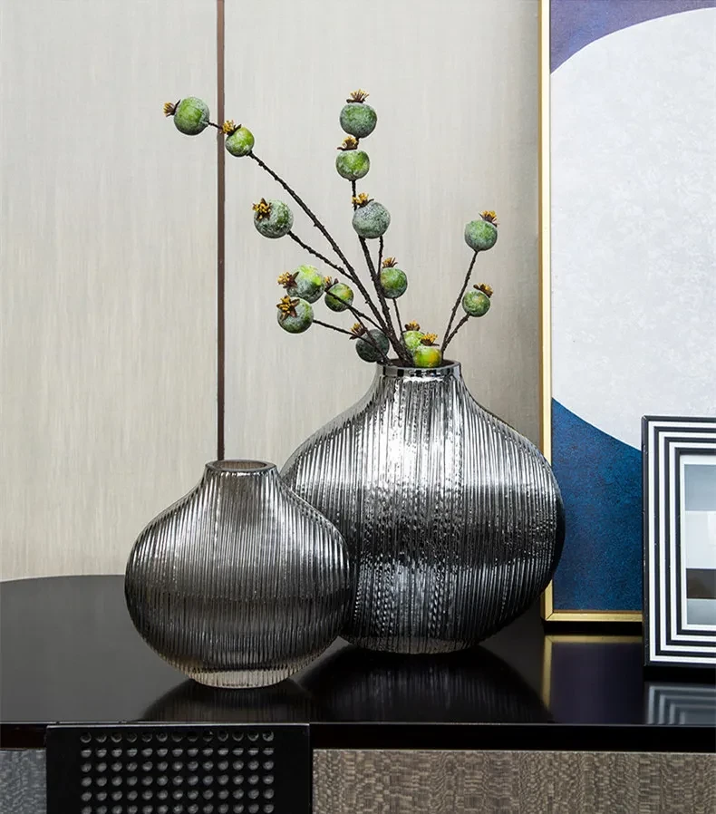 Silver Striped Glass Vase Flower Arrangement Hydroponic Accessories Modern Home Decor Accessories