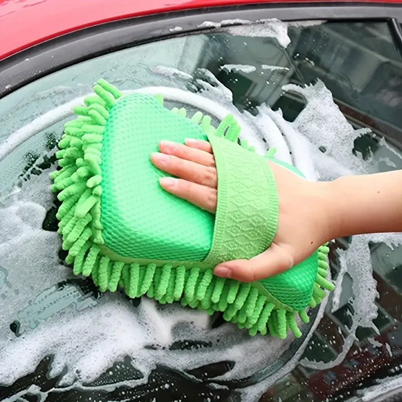 1pc Car Wash Mitt Chenille Microfiber Wash Sponge & Ultra-Absorbent Microfiber Waffle Drying Towel
