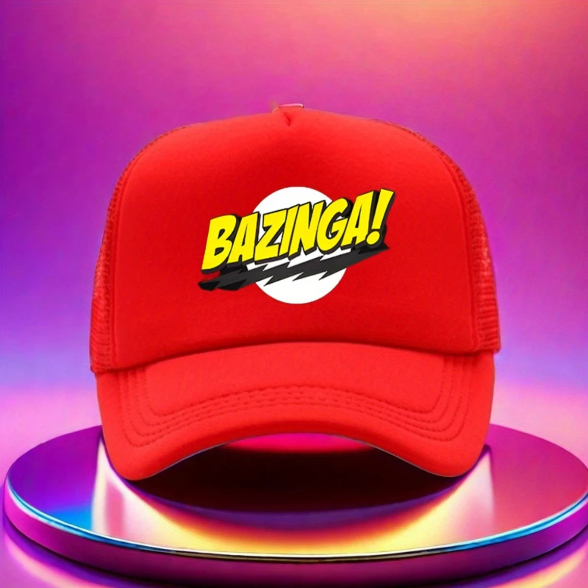 1pc Adjustable Golf Baseball Cap with Bold BAZINGA! Graphic Print Black Textile Material Hat for Hiking, Running, and Casual Wear