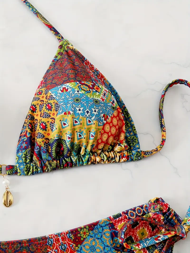 Allover Print Ethnic Style Triangle Halter Tie Strap Backless 2-Piece Set