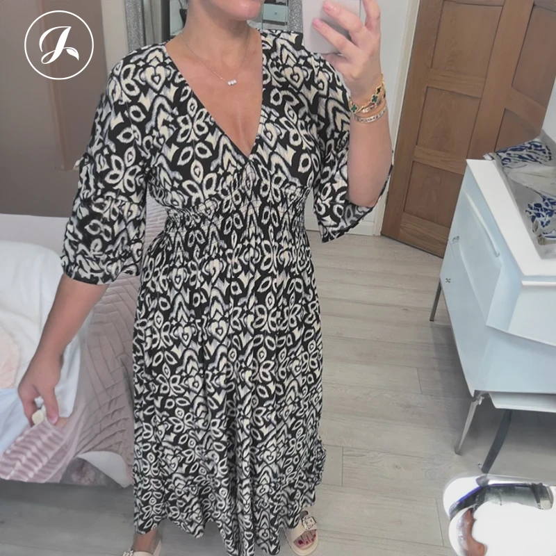 Bohemian casual print V-neck shirred waist long dress