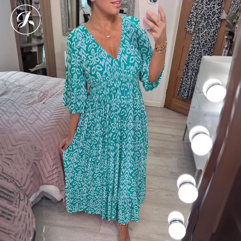 Bohemian casual print V-neck shirred waist long dress