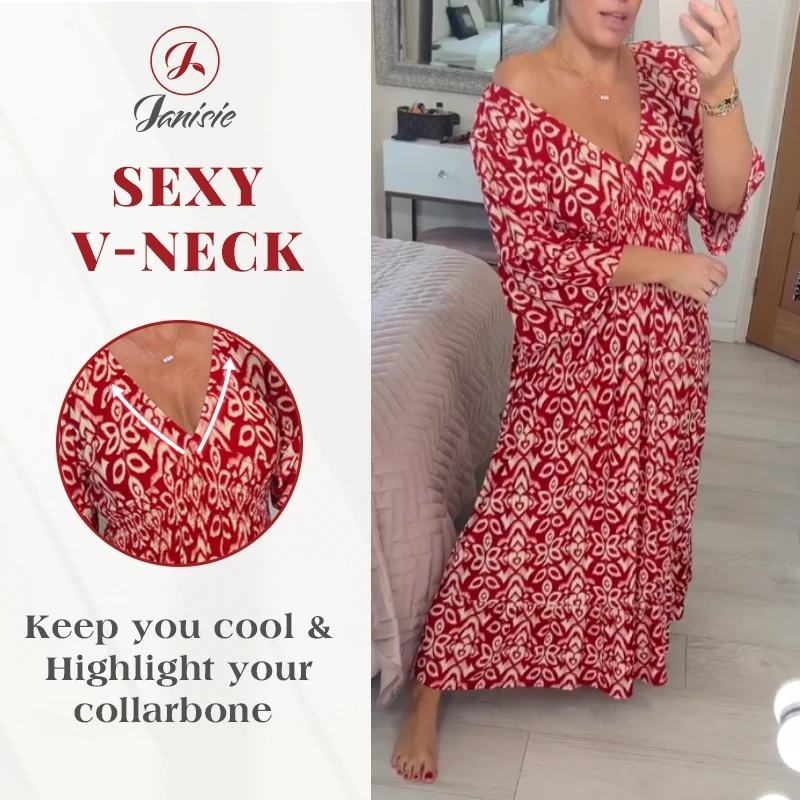 Bohemian casual print V-neck shirred waist long dress