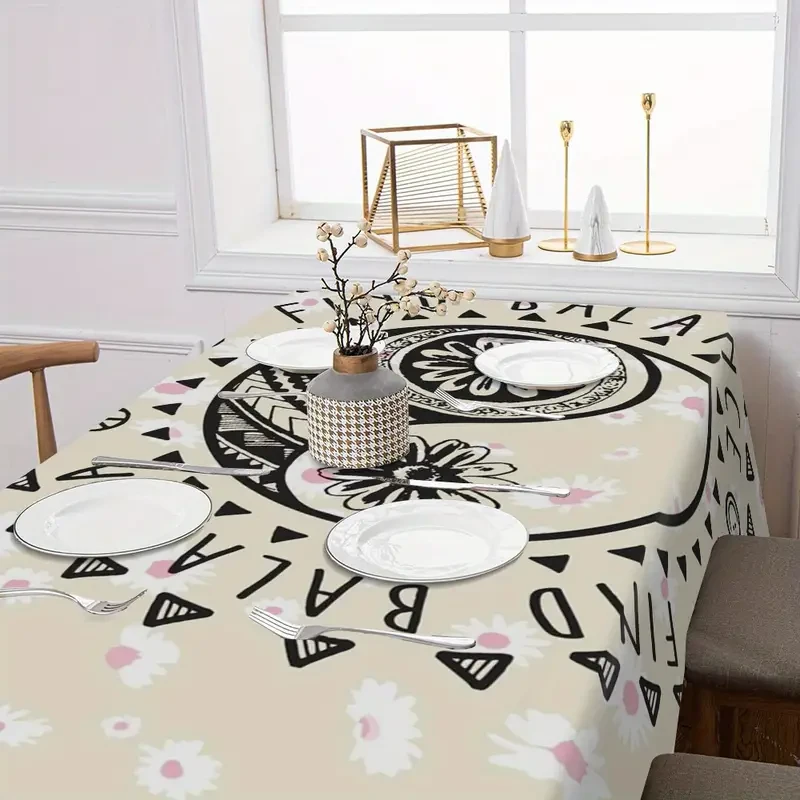 Elegant Waterproof & Stain-Resistant Polyester Tablecloth with Chic Plaid & Floral Patterns - Wrinkle-Free
