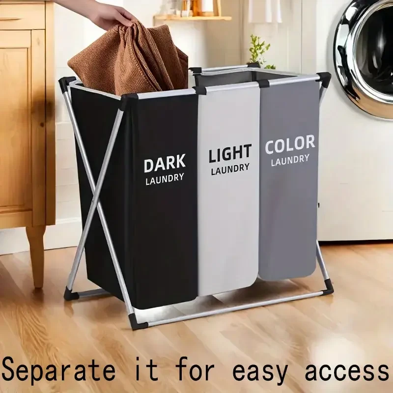 Foldable Triple-Grid Laundry Basket in Grey - Durable Canvas with Dark