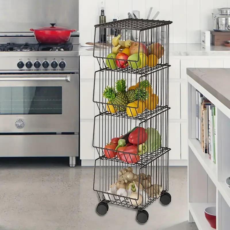 1pc Classic Stackable Metal Wire Basket Storage Organizer with Wheels
