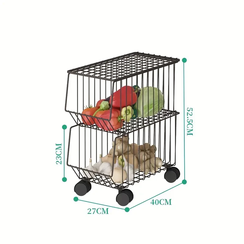 1pc Classic Stackable Metal Wire Basket Storage Organizer with Wheels