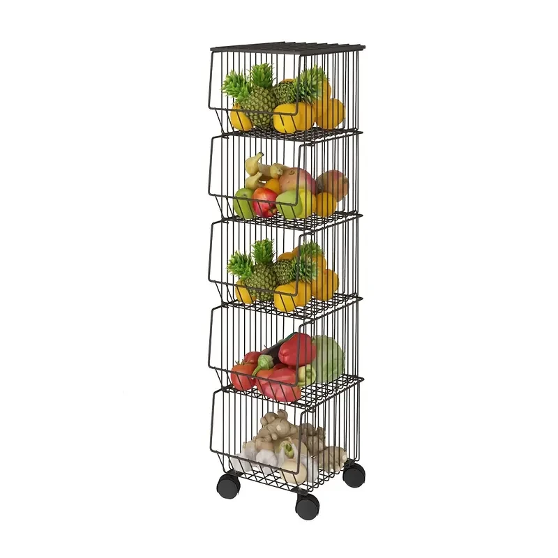 1pc Classic Stackable Metal Wire Basket Storage Organizer with Wheels