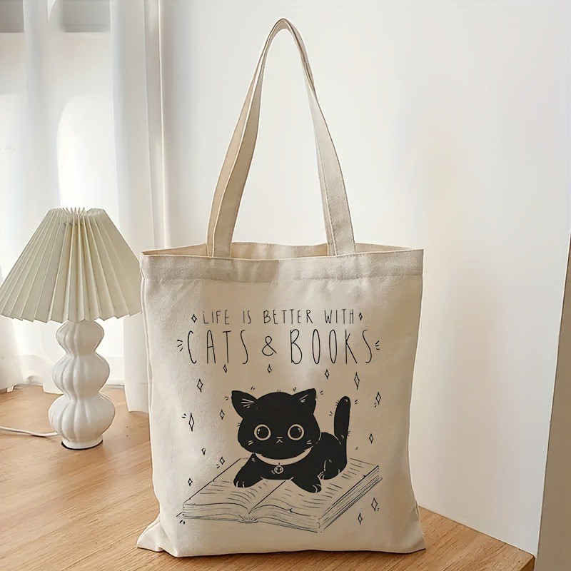 Fashion Durable One Shoulder Cat And Book Large Capacity Canvas Bag