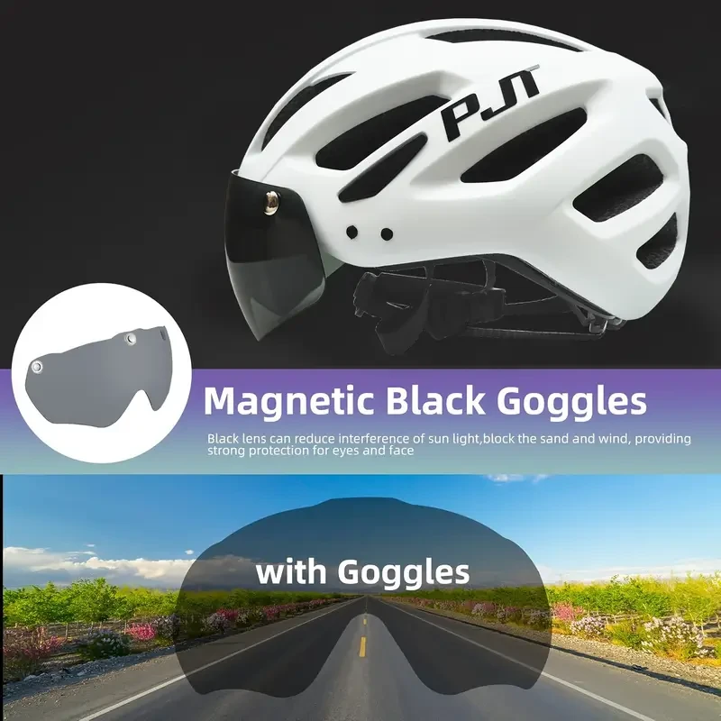 PJT 3-in-1 Lightweight Bicycle Helmet with Detachable Goggles & Sun Visor - Adjustable, Versatile for Road & Mountain Biking, Sleek White Design, PC+EPS Material, Fits 57.0-61.01cm Head Circumference, Multifunctional, Road Cycling Helmet, City Style, Free