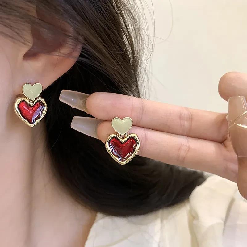 Wine Red Love Heart Earrings For Women Girl Gold Color Metal Love Heart Hanging Dangle Earrings Vintage Jewelry