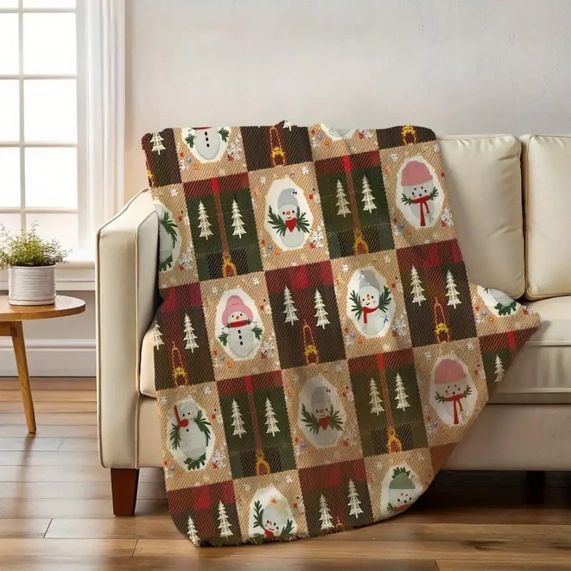 Cozy Festive Plaid Throw Blanket with Snowman & Christmas Tree Design - Soft