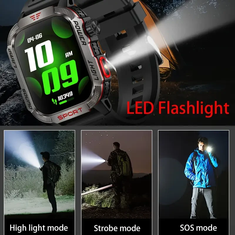 Rugged Outdoor Smartwatch (Receive/Make Call), For iPhone & Android Wireless Call Smartwatch, With LED Flashlight, Fitness, IP68 Waterproof/sleep 600 Battery