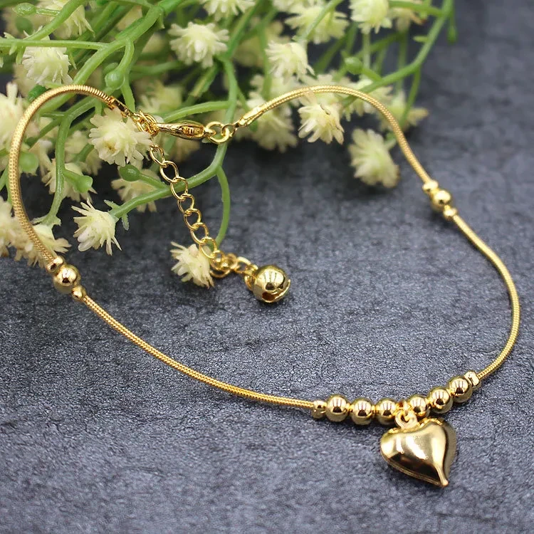 Gothic Gold Color Heart Pendant Anklet For Women Ball Beaded Anklet Vintage Chunky Jewelry