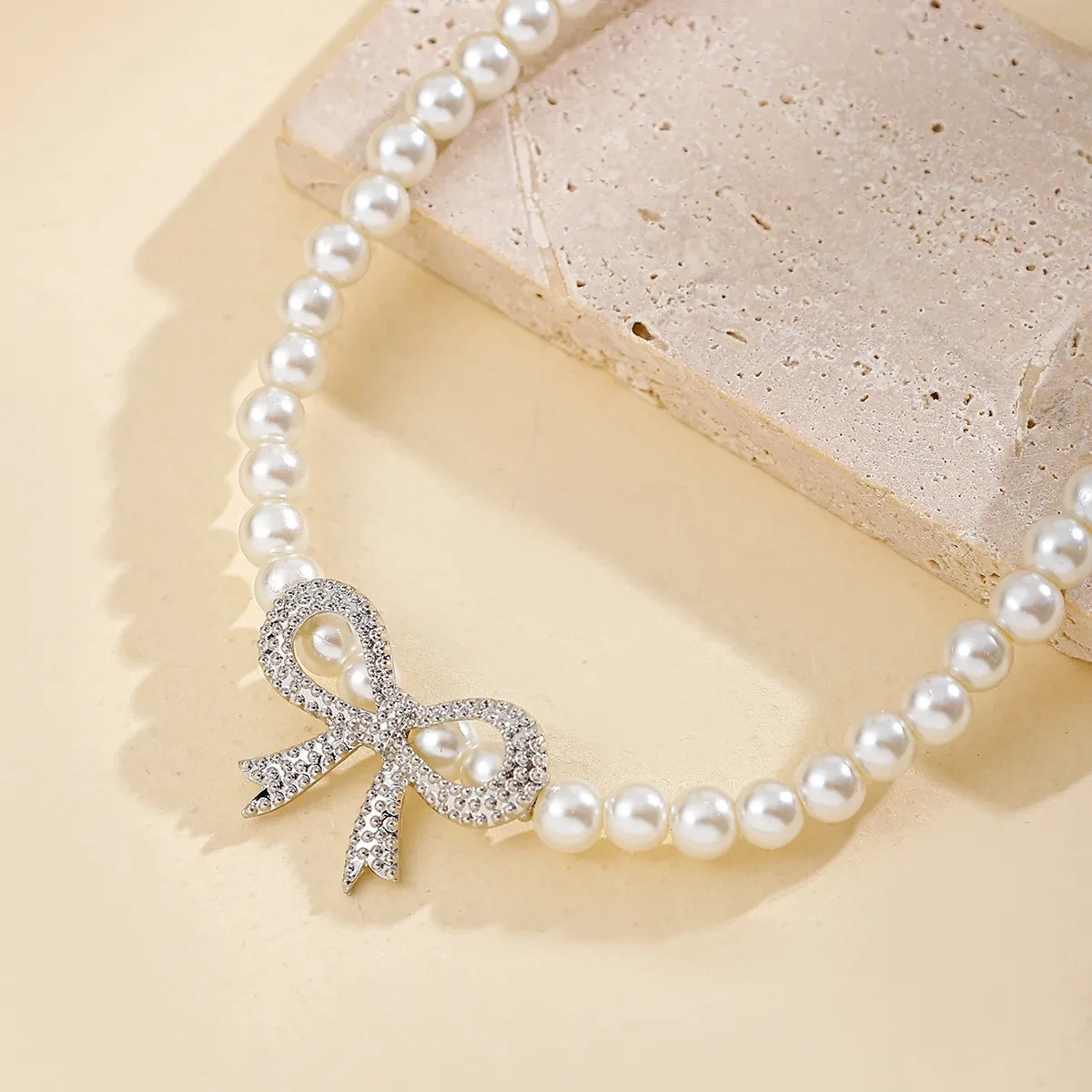 Fashion Pearl Necklace With Diamond Bow