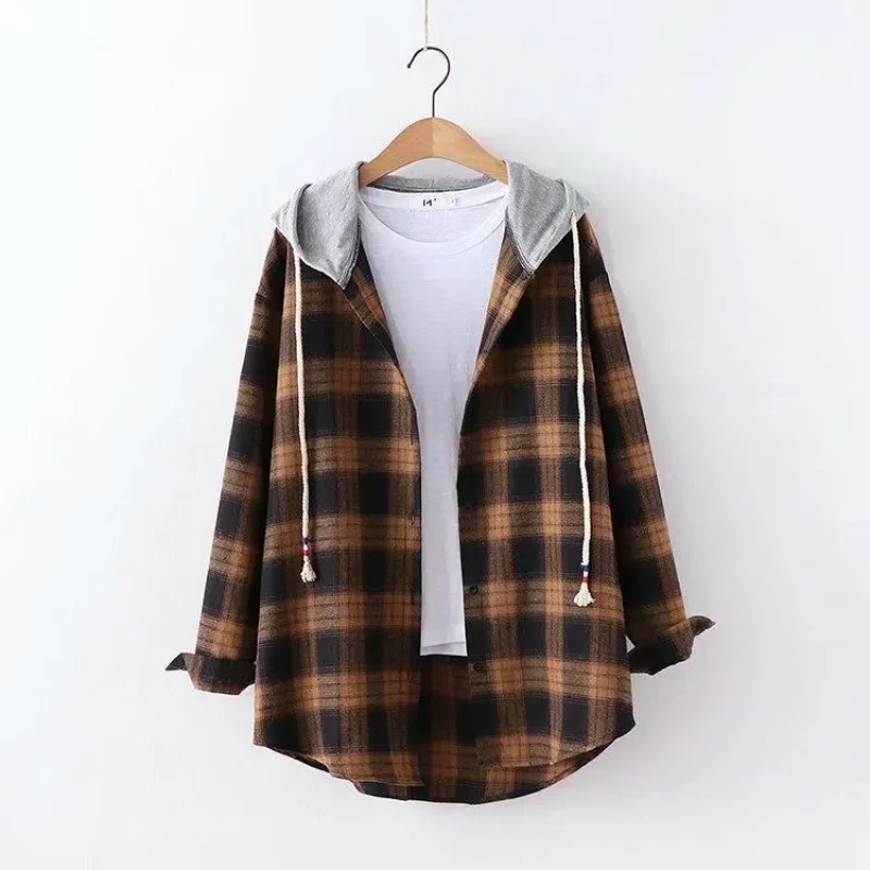 Hooded Loose Plaid Long Sleeved Shirt Women