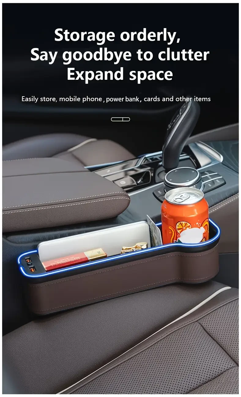 1pc/2pcs Car Seat Gaps Storage Box, Mobile Phone Holder Charger, Sundries Organizer Box With Atmosphere Light, Car Interior Accessories