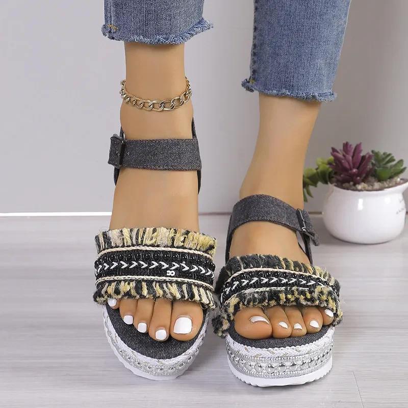 Fashion Tassel Denim Sandals With Thick-soled Flat Heel For Women