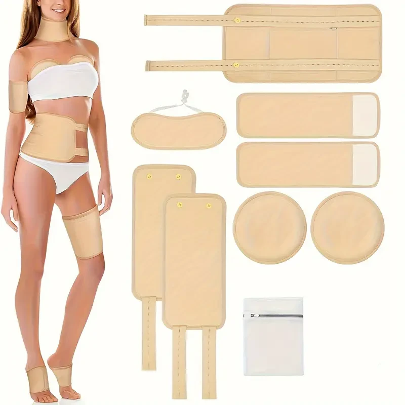 9pcs Reusable Castor Oil Pack Kit for Women, Adjustable Elastic Bands, Laundry Bag, Machine Washable, Body Shaping Support for Stomach, Neck, Chest, Knees, Feet, Calf, Arm