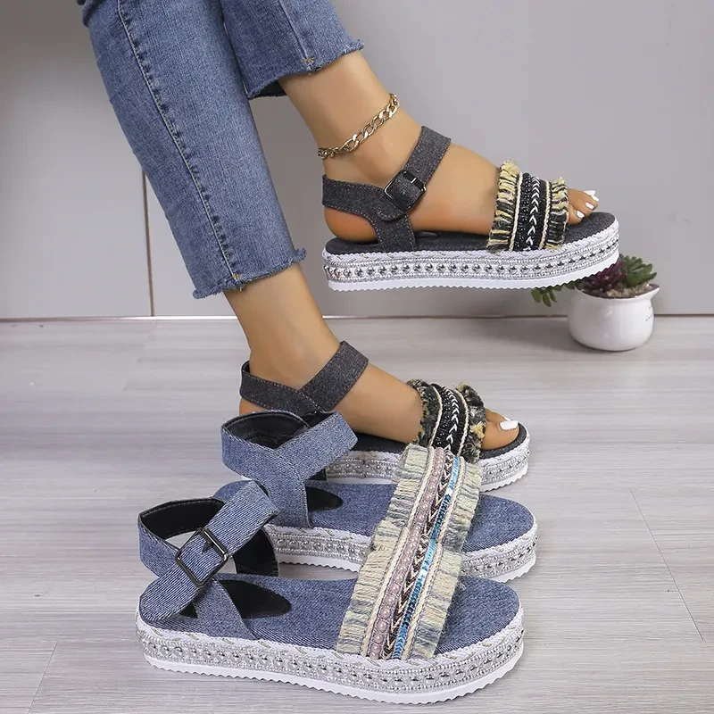 Fashion Tassel Denim Sandals With Thick-soled Flat Heel For Women