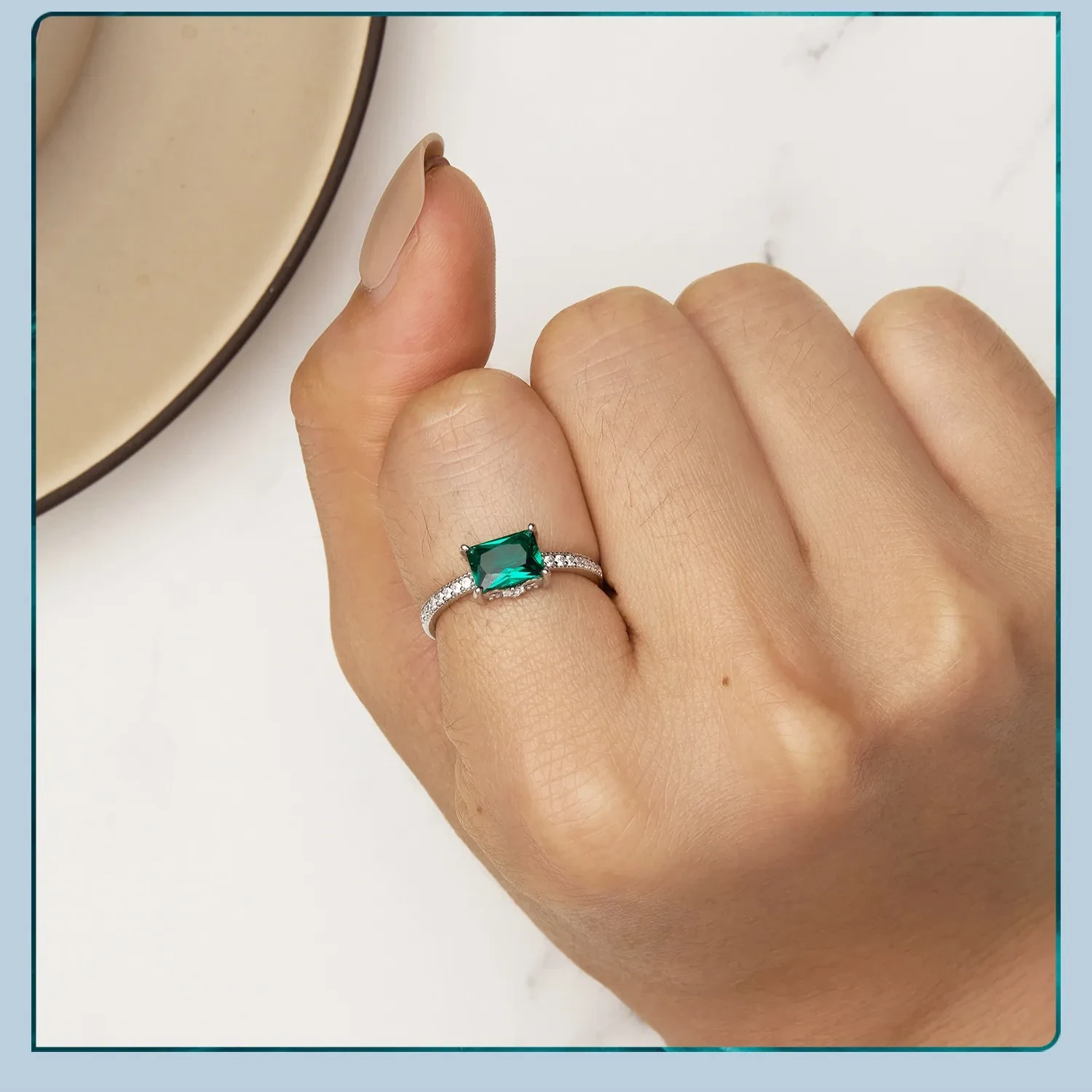 S925 Sterling Silver White Gold Plated Green Ring