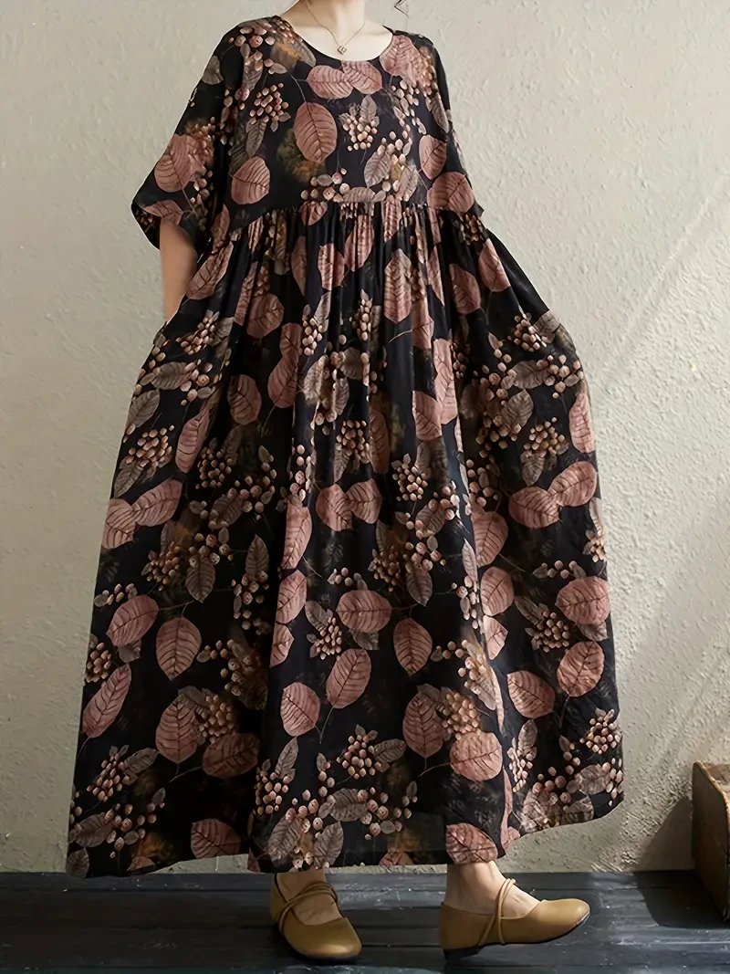Vintage-Inspired Loose Fit A-Line Midi Dress with Round Neck, Non-Stretch Viscose Fabric
