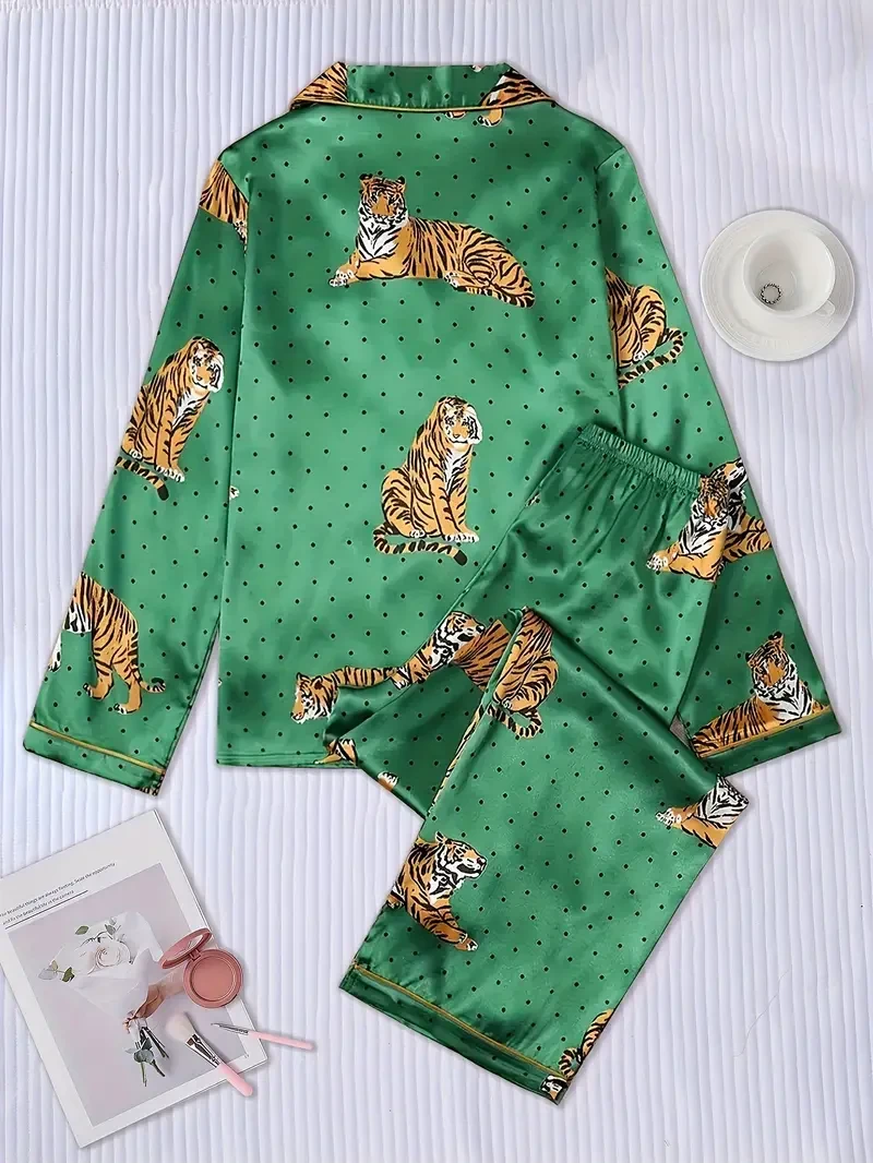 Cardigan with Tiger Print and Turnover Collar, Satin Long Sleeve and Long Pants Pajama Set