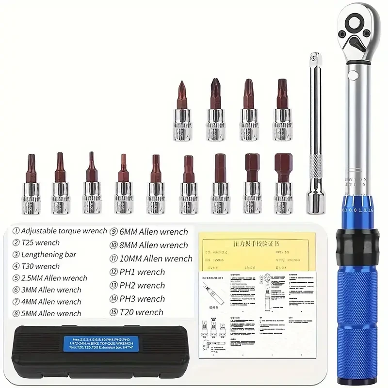 15-Piece Adjustable Torque Wrench Set, 2-24Nm