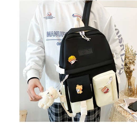 College Students' Backpack Five-piece Contrast Color Canvas School Bag