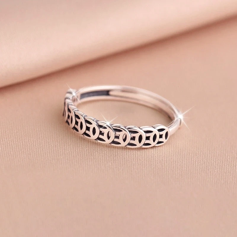 S925 Sterling Silver Retro Coin Ring for Women Lucky Money Coin Design, Simple Niche, Open Luck Ring, Classic Style for Daily & Gift-Giving Occasions