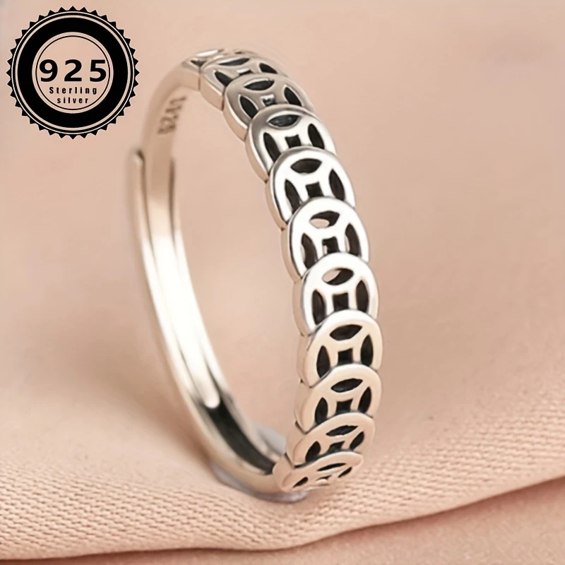 S925 Sterling Silver Retro Coin Ring for Women Lucky Money Coin Design, Simple Niche, Open Luck Ring, Classic Style for Daily & Gift-Giving Occasions
