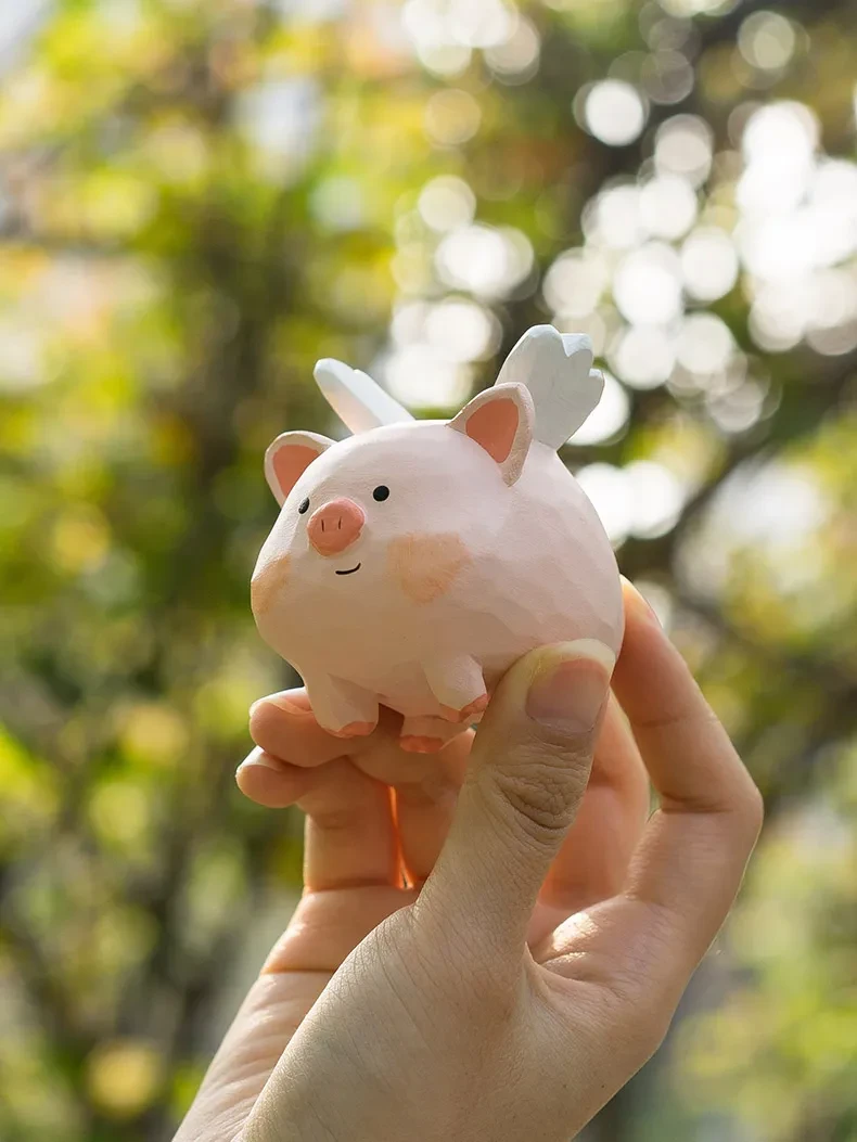 Original Wood Carving Small Flying Pig Tabletop Decoration