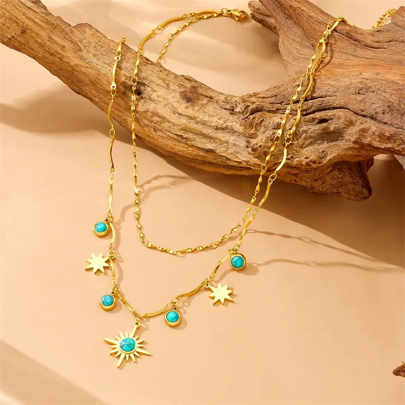 Retro Turquoise Eight-pointed Stars Clavicle Necklace Double Layer